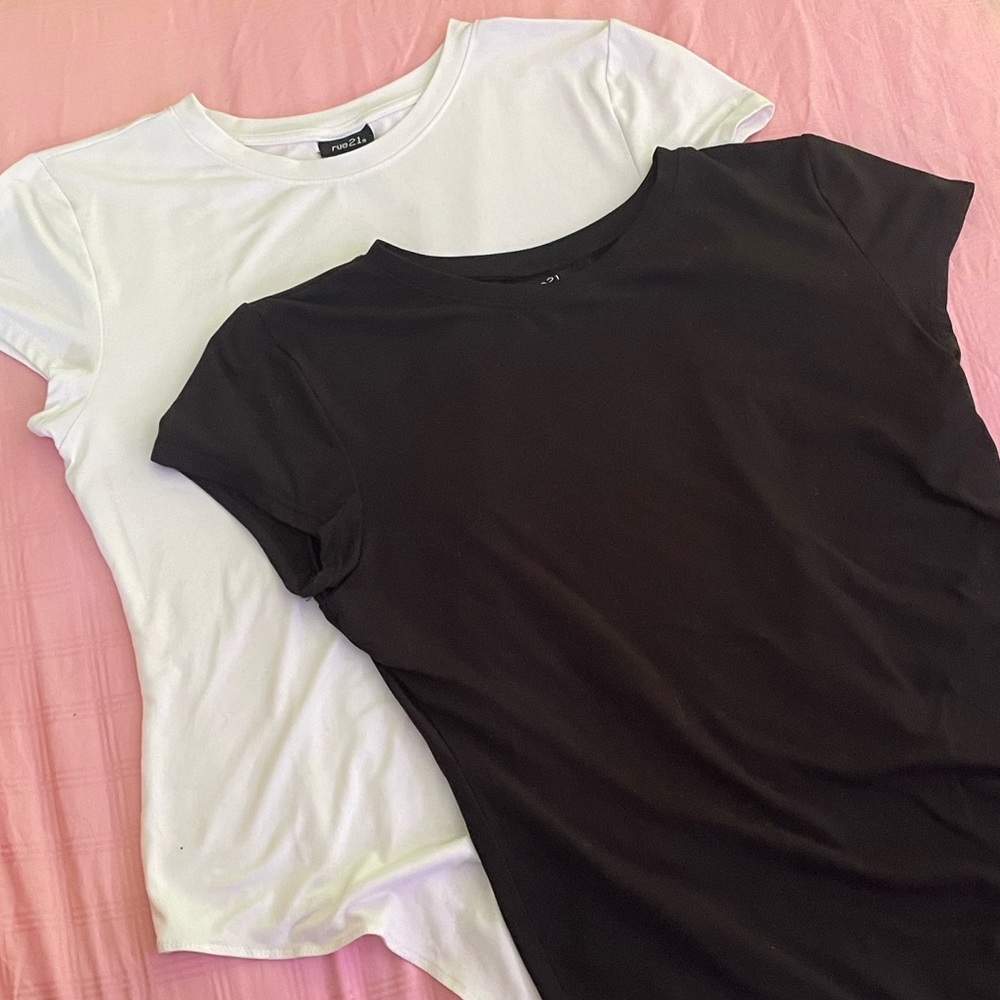 Two t-shirt style clasp bodysuits black and white